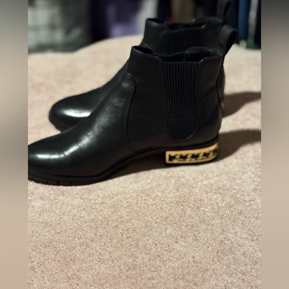 Karl Lagerfeld Black Leather Chelsea  Boots with Gold Accent